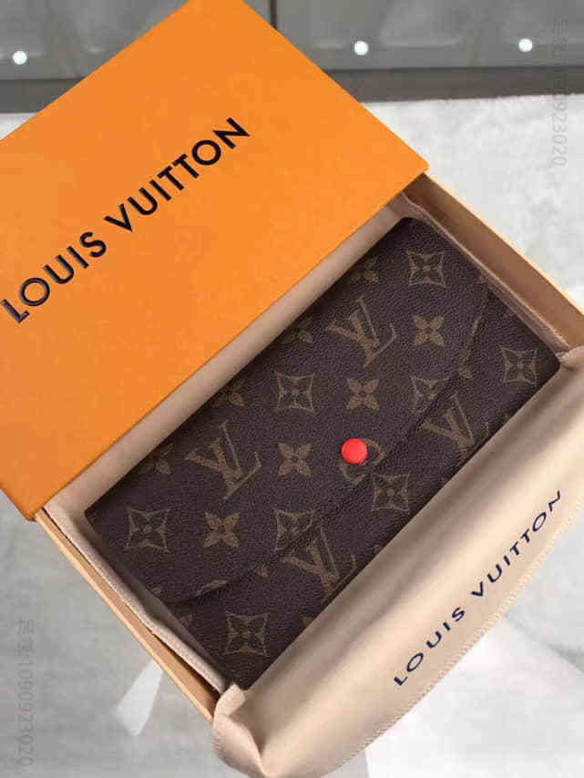 LV 老花色拼橘红EMILIE女士长款豆豆钱夹 M60696