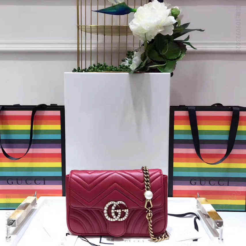 Gucci古驰/ 476809 双G珍珠扣链条包 红色