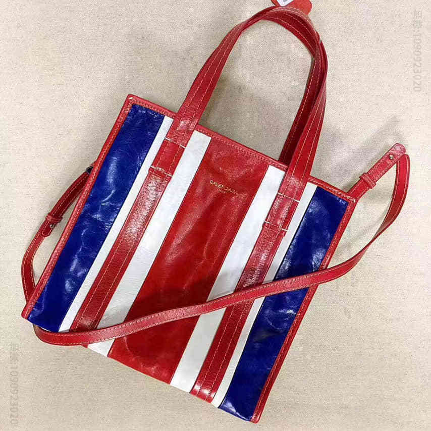 巴黎世家/Balenciaga 条纹拼色 Bazar 香油蜡牛皮中号购物袋