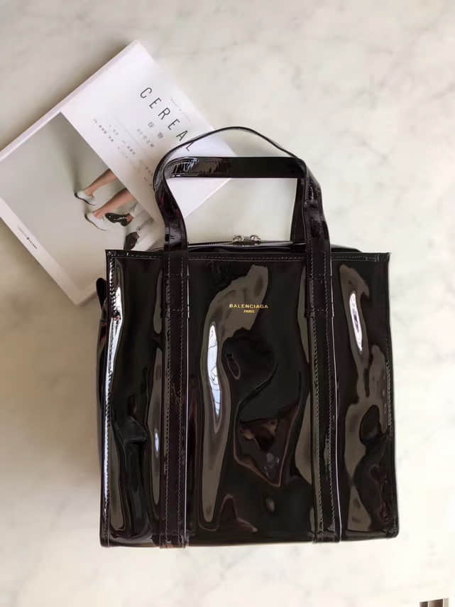 巴黎世家/Balenciaga Bazar 黑色漆面皮中号购物袋