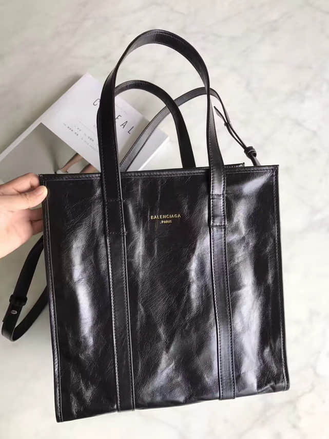 巴黎世家/Balenciaga Bazar 黑色香油蜡牛皮中号购物袋