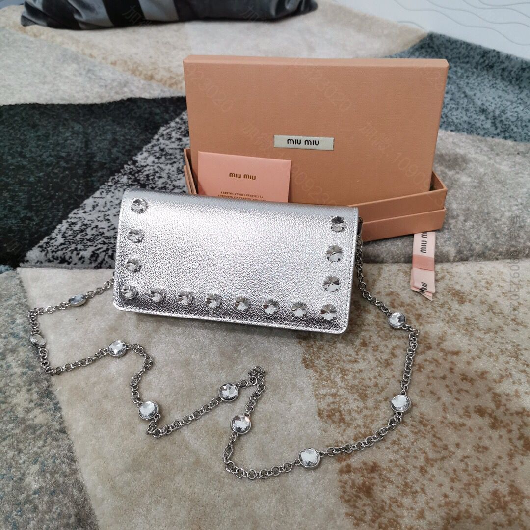 MIUMIU缪缪顶级进口山羊皮施华洛世奇水钻装饰链条包5DH044