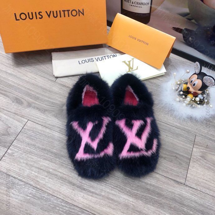 louis vuittoni 路易 水貂毛 印花拼色字母平底居家便鞋、酒店拖...
