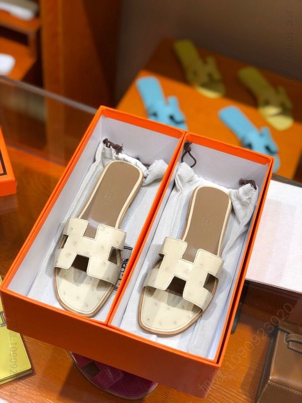 【HERMES】爱马仕 意大利进口高密度真皮大底鸵鸟皮拖鞋