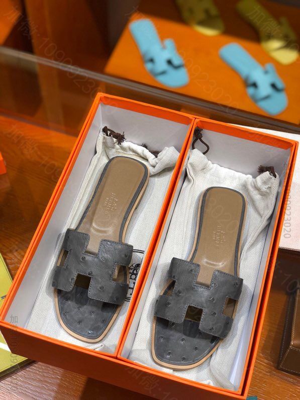 【HERMES】爱马仕 意大利进口高密度真皮大底鸵鸟皮拖鞋