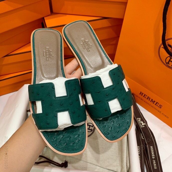 【HERMES】爱马仕 意大利进口高密度真皮大底鸵鸟皮拖鞋