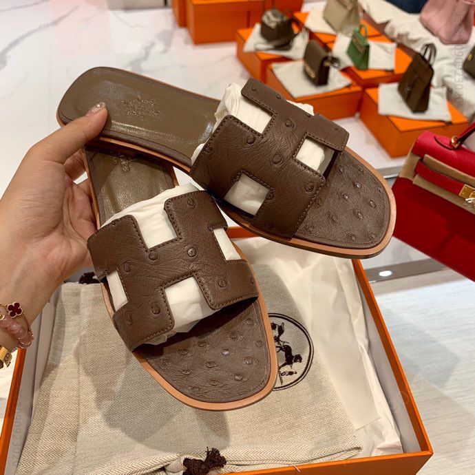 【HERMES】爱马仕 意大利进口高密度真皮大底鸵鸟皮拖鞋
