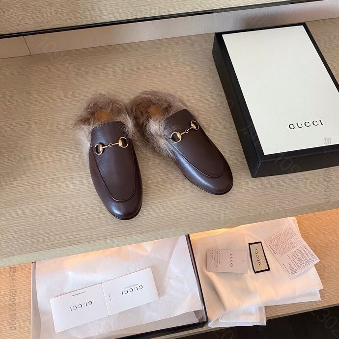gucci古驰 G家 2023专柜同步最新款女士真皮大底毛拖鞋