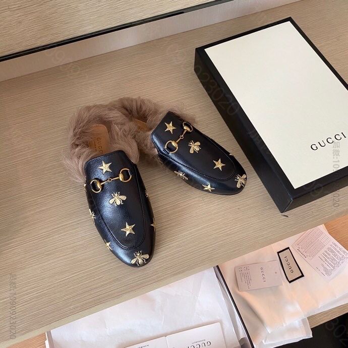 gucci古驰 G家 2023专柜同步最新款女士真皮大底毛拖鞋