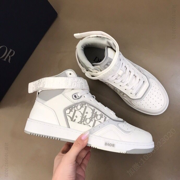 dior迪奥 灰色和白色光滑牛皮革情侣高帮B27休闲运动鞋