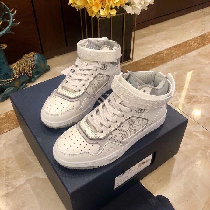 dior迪奥 灰色和白色光滑牛皮革情侣高帮B27休闲运动鞋