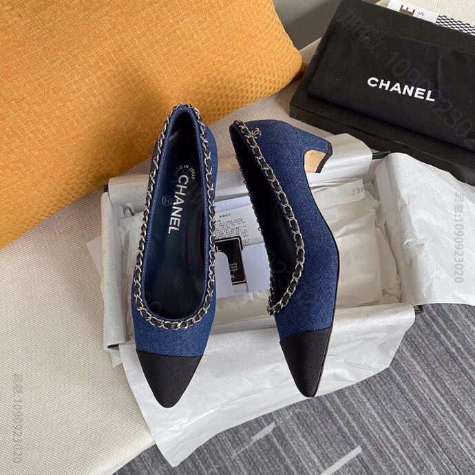 CHANEL香奈儿 2023小香新款链条尖头拼色单鞋低跟鞋