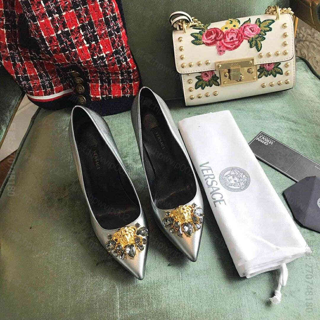 Versace范思哲 美杜莎美人头标志捷克钻女士小牛漆高跟鞋 原单范思哲高跟鞋 