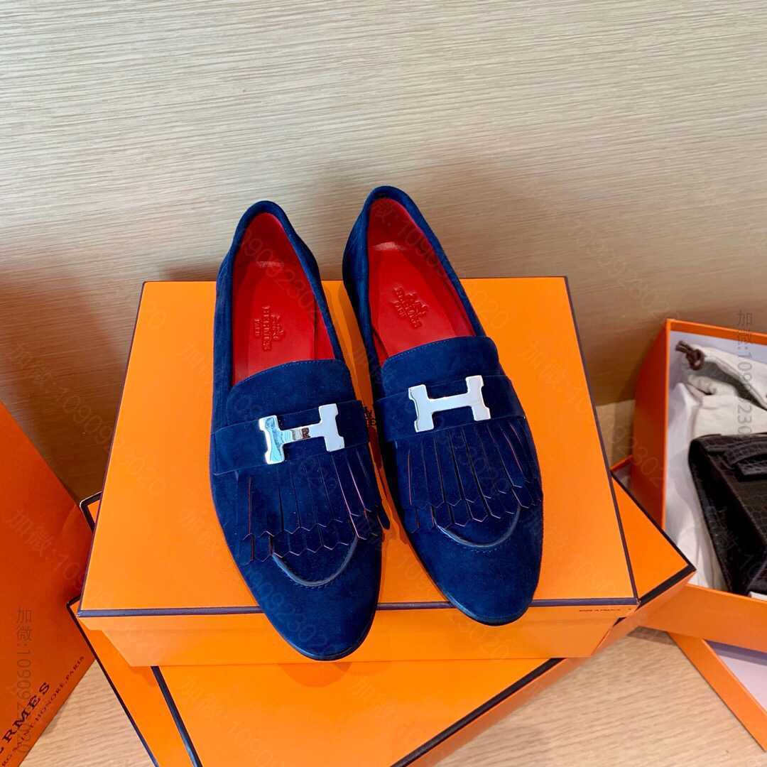 Hermes爱马仕 意大利进口真皮大底H新款女款乐福鞋康康H扣流苏平底鞋