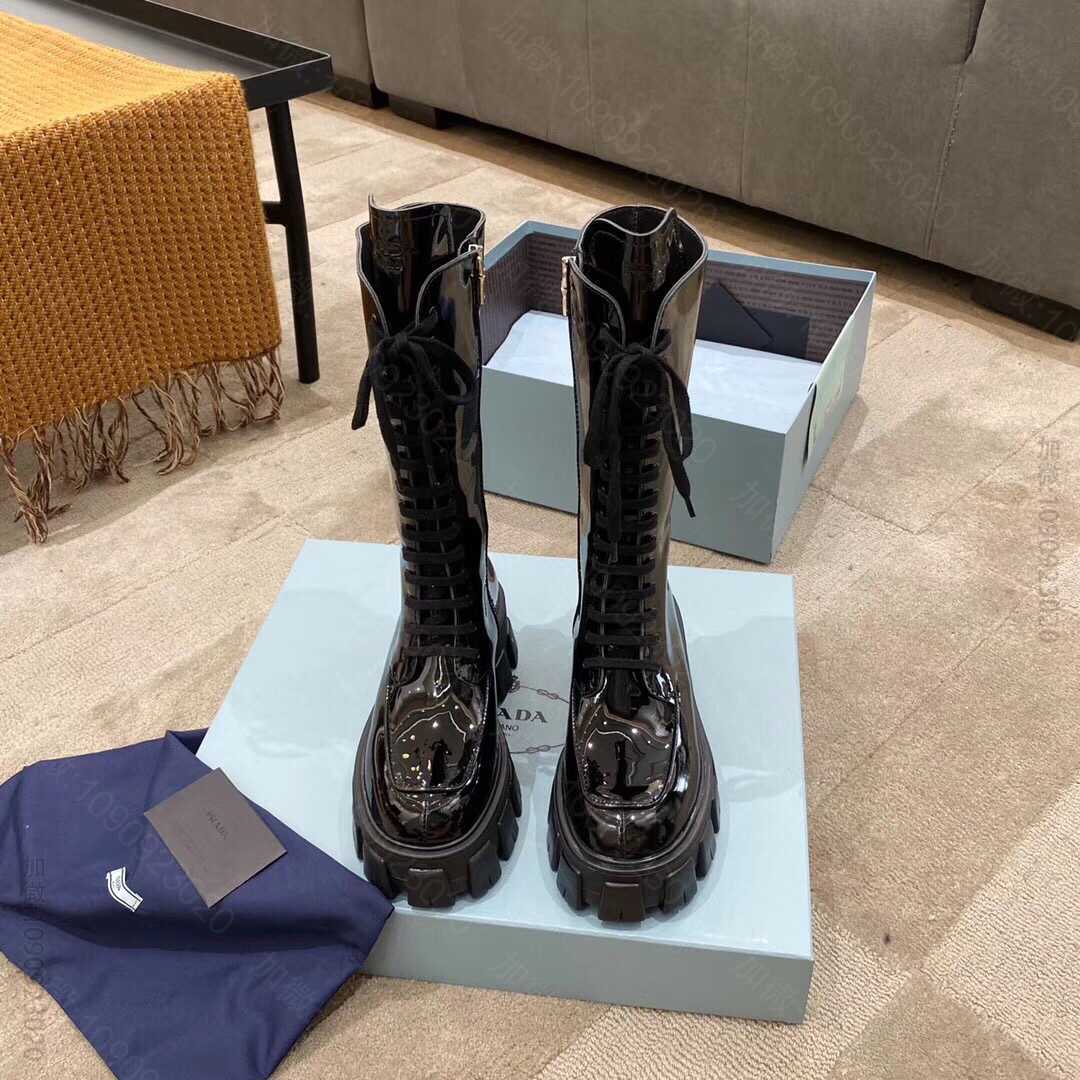 PRADA 普拉达 进口小牛漆皮 羊皮内里 降落伞防水布战术靴 骑士靴 中筒