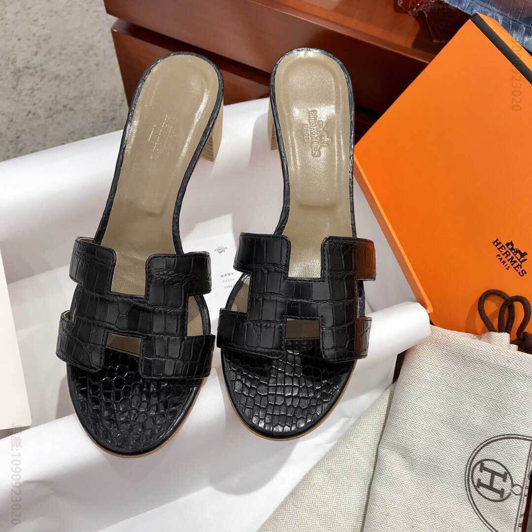 进口美洲鳄鱼皮，crocodile纯手工真皮大底H 经典款中跟凉鞋拖鞋
