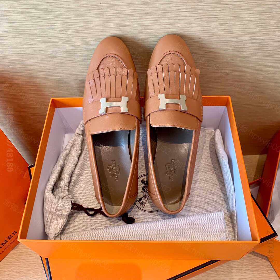 意大利进口真皮大底H新款女款乐福鞋康康H扣流苏平底鞋皮鞋 高仿爱马仕皮鞋批发 