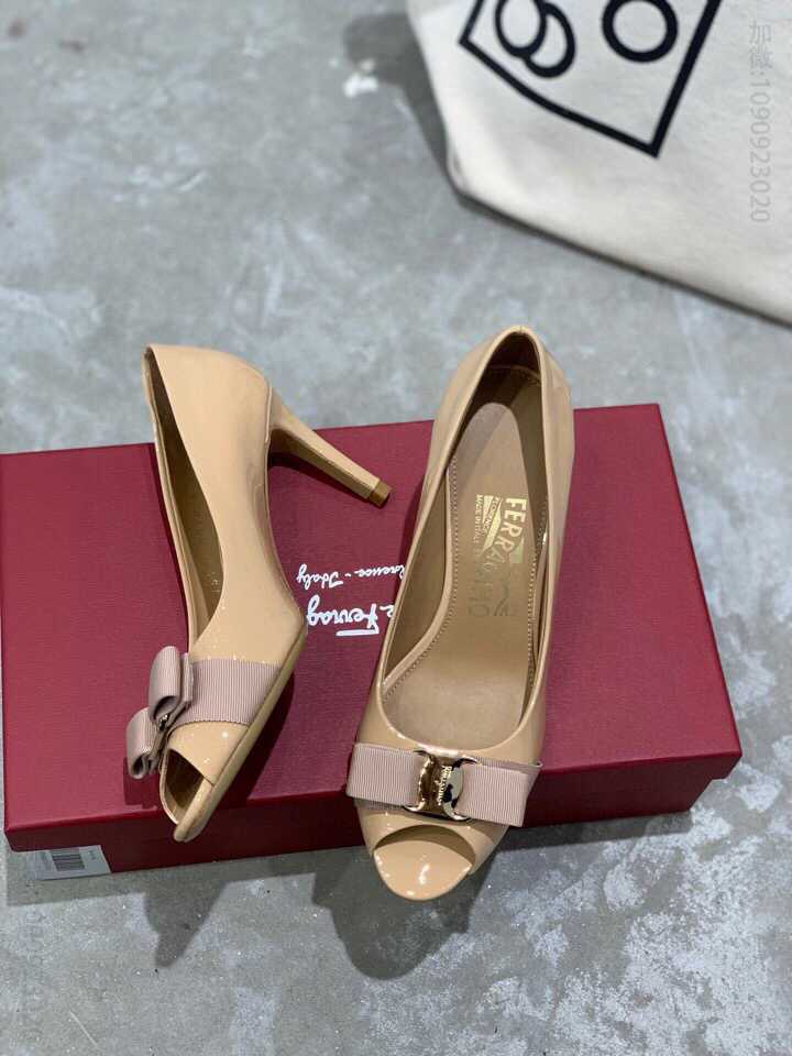 SF salvatore Ferragamo 菲拉格慕专柜蝴蝶结鱼嘴露趾高跟单鞋