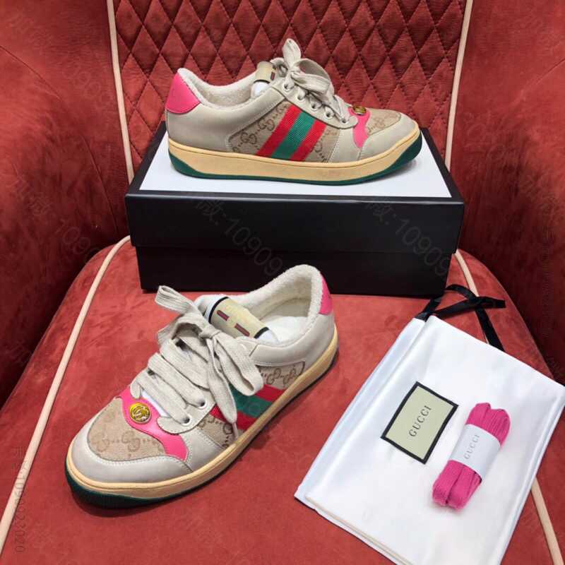 Gucci古驰 米色经典GG帆布和做旧皮革小脏鞋