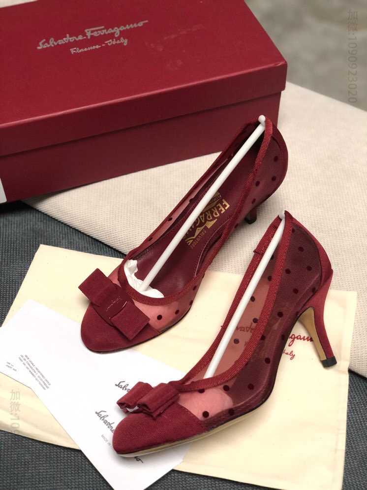 SF salvatore Ferragamo 菲拉格慕春夏新款波点网纱面圆头高跟中跟平底芭蕾舞单鞋