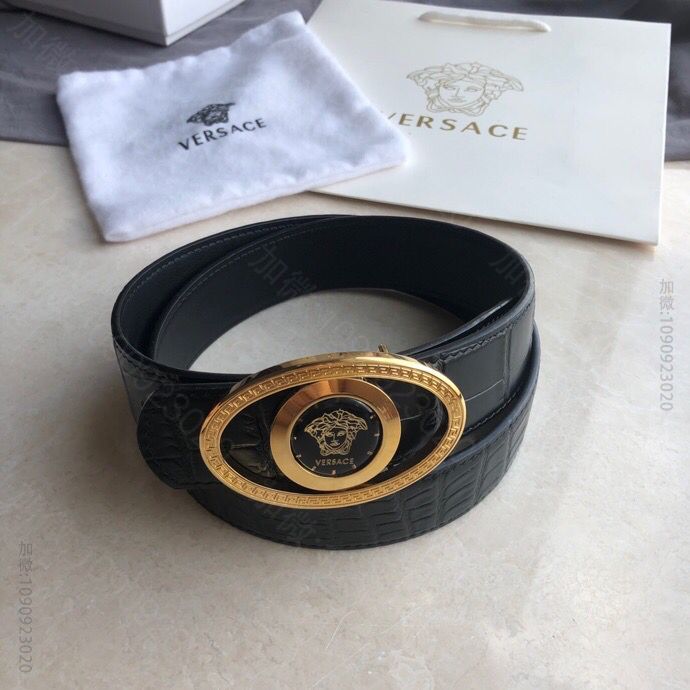 VERSACE范思哲男士黑色头层牛皮压纹精仿鳄鱼皮腰带3.5cm