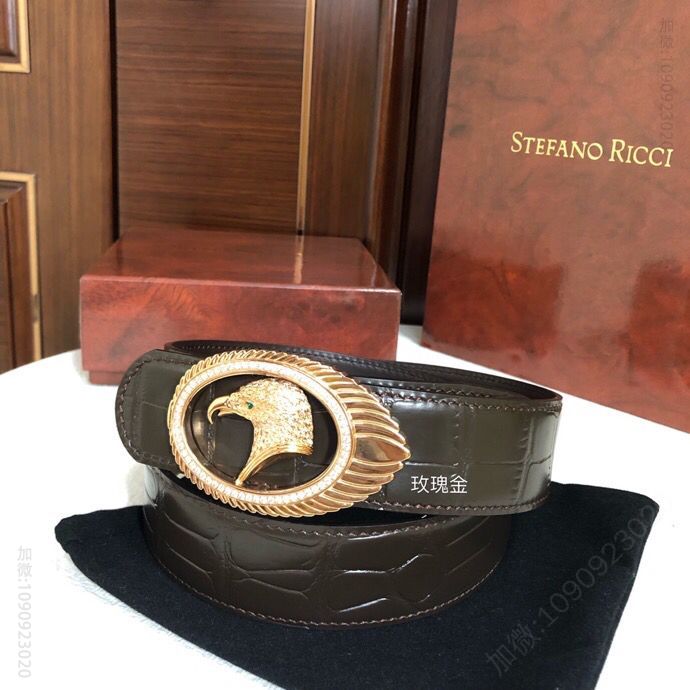 STEFANORICCI史蒂芬.劳尼治专柜款精钢鹰头镶嵌钻扣3.8cm头层牛皮精仿鳄鱼皮腰带