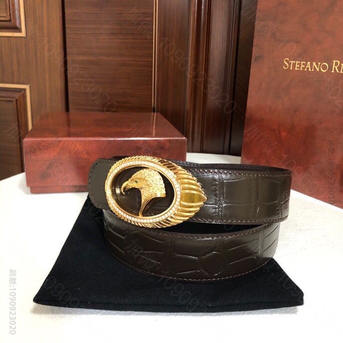 STEFANORICCI史蒂芬.劳尼治专柜款精钢鹰头镶嵌钻扣3.8cm头层牛...