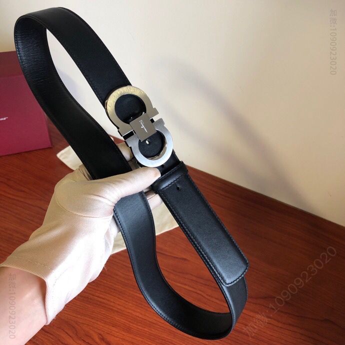 SalvatoreFerragamo菲拉格慕男士3.5cm精钢斜切面双圈金属夹扣，进口头层牛皮腰带