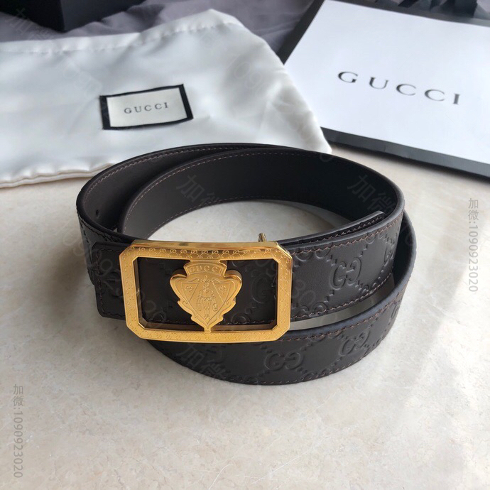 Gucci古驰双G压花头层牛皮黑色金属挂扣款3.5cm腰带