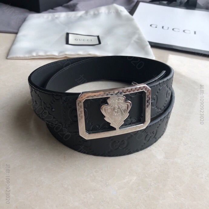 Gucci古驰双G压花头层牛皮黑色金属挂扣款3.5cm腰带