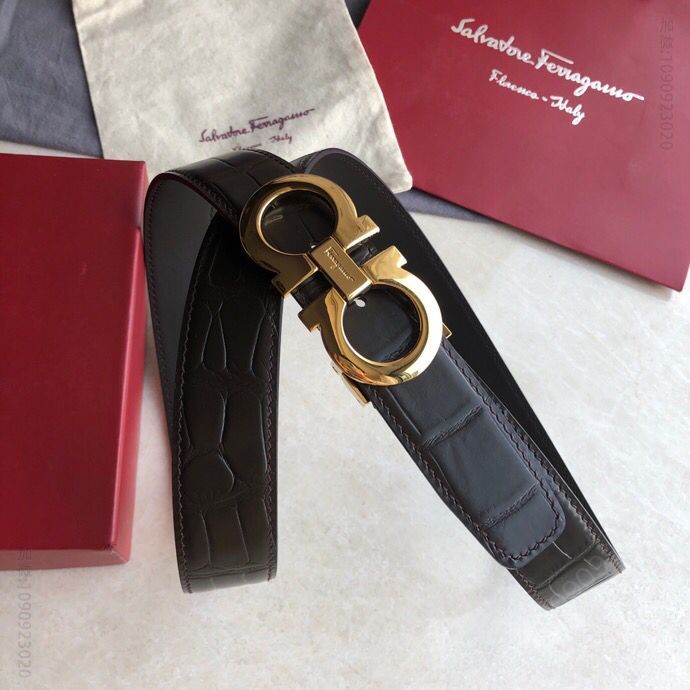 SalvatoreFerragamo菲拉格慕男士3.5cm经典亮光双圈夹扣鳄鱼纹腰带