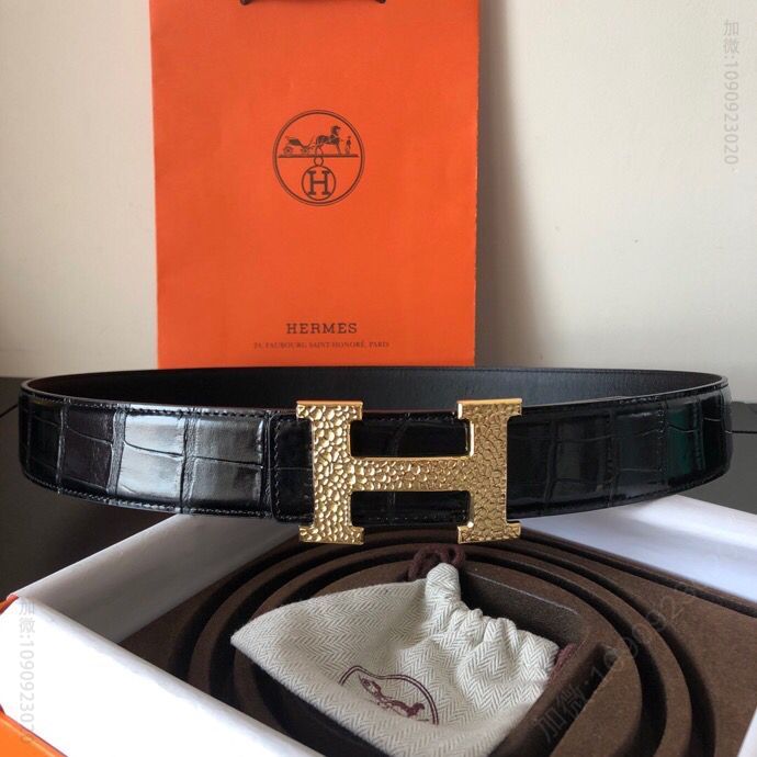 hermes爱马仕 精钢H树皮纹金属扣&进口牛皮压制鳄鱼纹38mm腰带