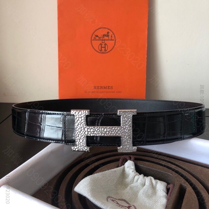 hermes爱马仕 精钢H树皮纹金属扣&进口牛皮压制鳄鱼纹38mm腰带