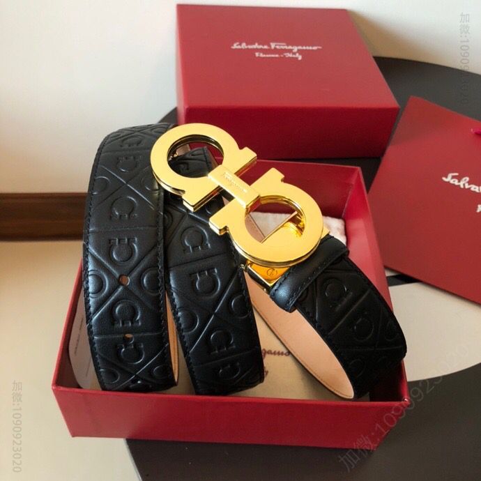 SalvatoreFerragamo菲拉格慕男士3.5cm精致双圈金属三层夹扣头层牛皮压纹进口树膏底腰带