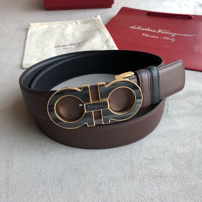 Ferragamo菲拉格慕黑色棕色进口头层牛皮腰带3.5cm