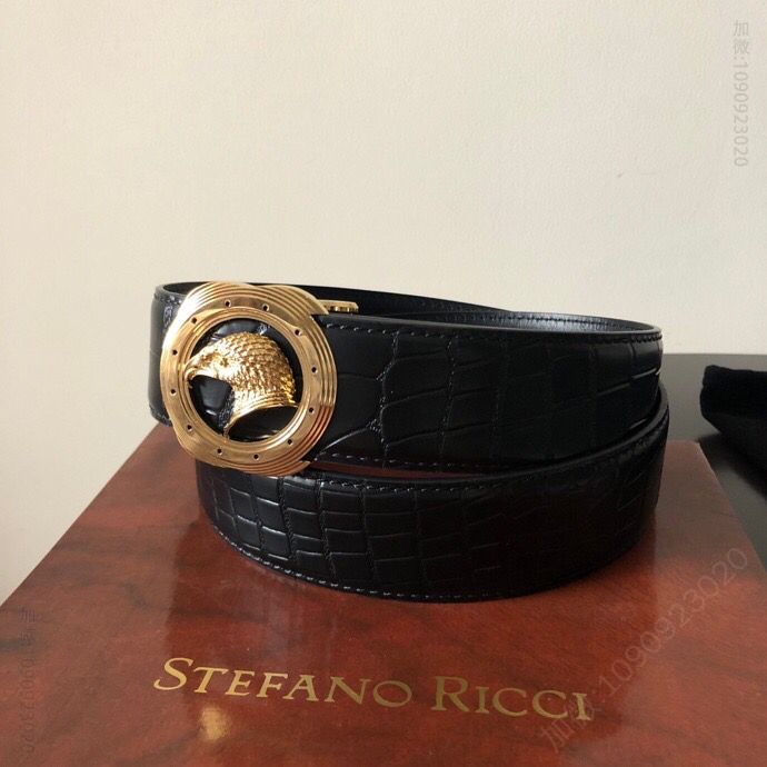 STEFANORICCI史蒂芬劳.尼治经典精钢老鹰标识内穿金属扣头层牛皮压制鳄鱼纹腰带