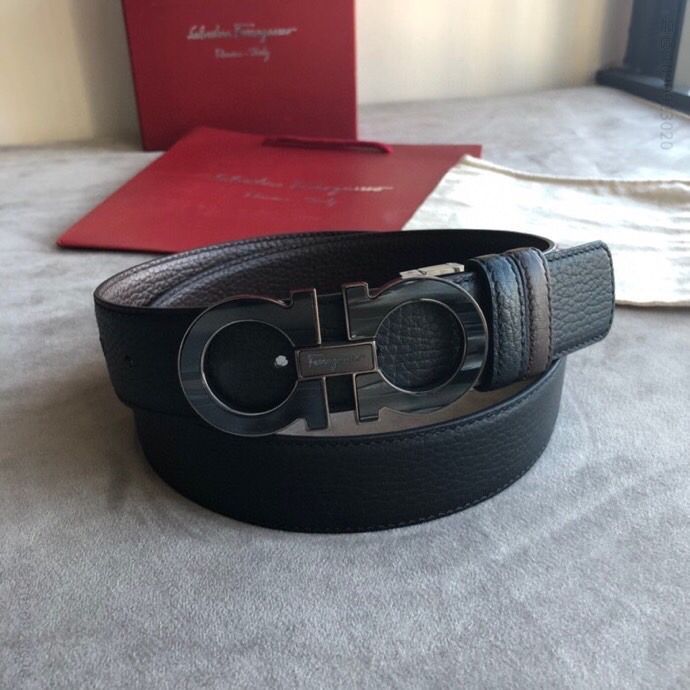 Ferragamo菲拉格慕黑色棕色进口头层牛皮荔枝腰带3.5cm