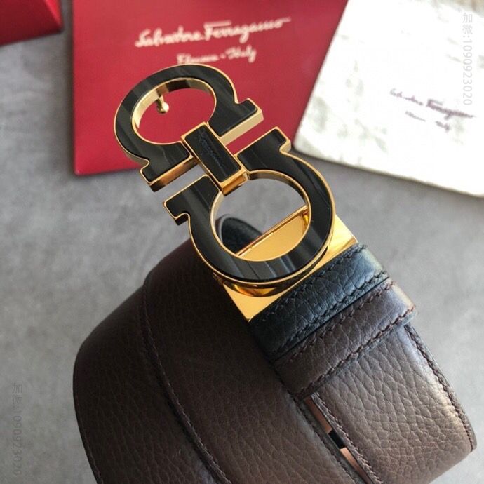 Ferragamo菲拉格慕黑色棕色进口头层牛皮荔枝腰带3.5cm