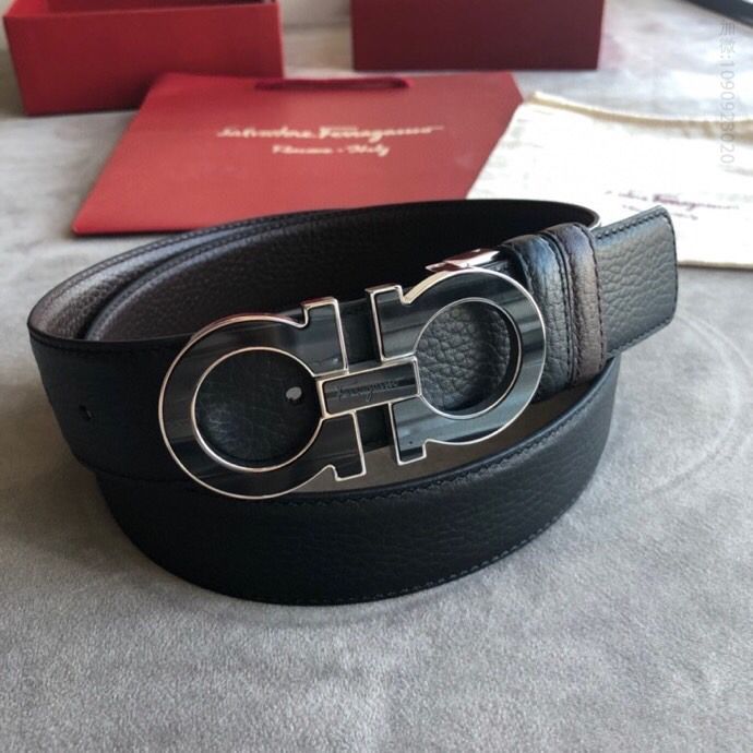 Ferragamo菲拉格慕黑色棕色进口头层牛皮荔枝腰带3.5cm