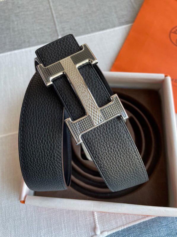 Hermes爱马仕 精钢纤维片挂扣，搭配双面原版皮荔枝男款3.8cm腰带