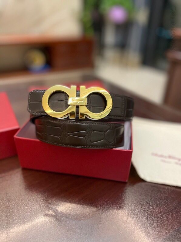 SalvatoreFerragamo菲拉格慕进口头层牛皮压制鳄鱼纹理男士腰带3.5cm
