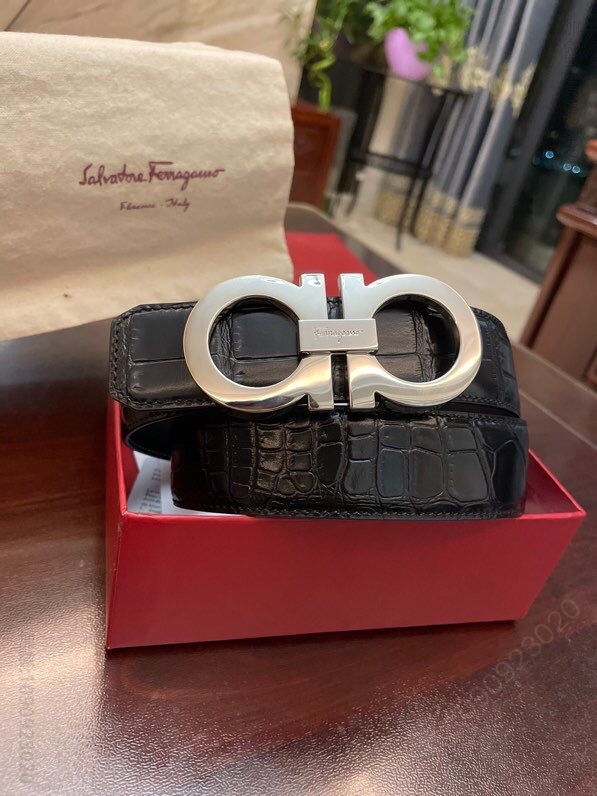 SalvatoreFerragamo菲拉格慕进口头层牛皮压制鳄鱼纹理男士腰带3.5cm