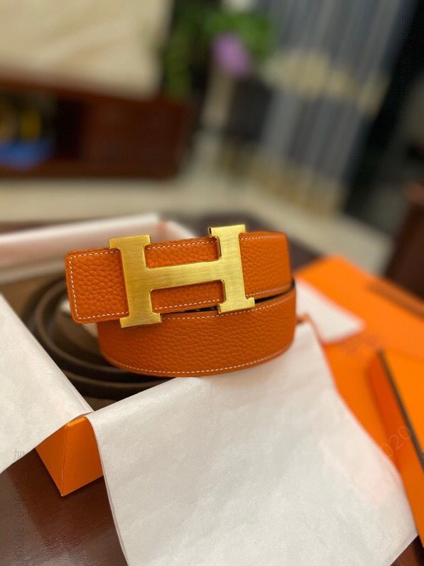 原单品质—Hermes/爱马仕经典H拉丝金色/钯扣，进口togo皮小牛皮38mm腰带