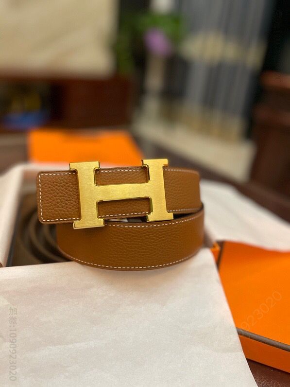 原单品质—Hermes/爱马仕经典H拉丝金色/钯扣，进口togo皮小牛皮38mm腰带