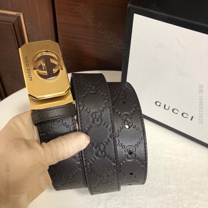 古驰精钢镂空金属扣3.5cm头层牛皮压花皮带