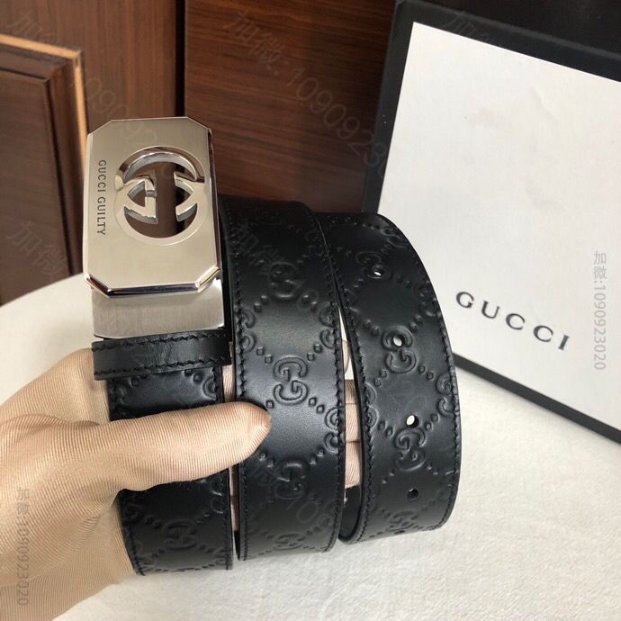 古驰精钢镂空金属扣3.5cm头层牛皮压花皮带
