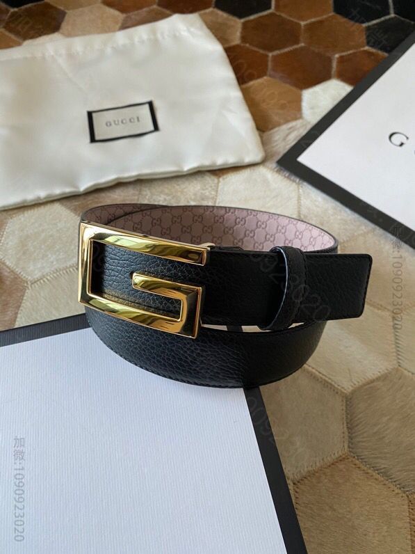 Gucci古驰新款3.5cm男女同款全皮黑色金扣银扣GG腰带