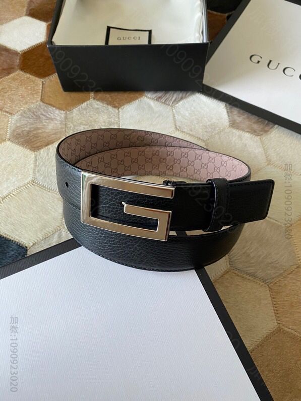 Gucci古驰新款3.5cm男女同款全皮黑色金扣银扣GG腰带