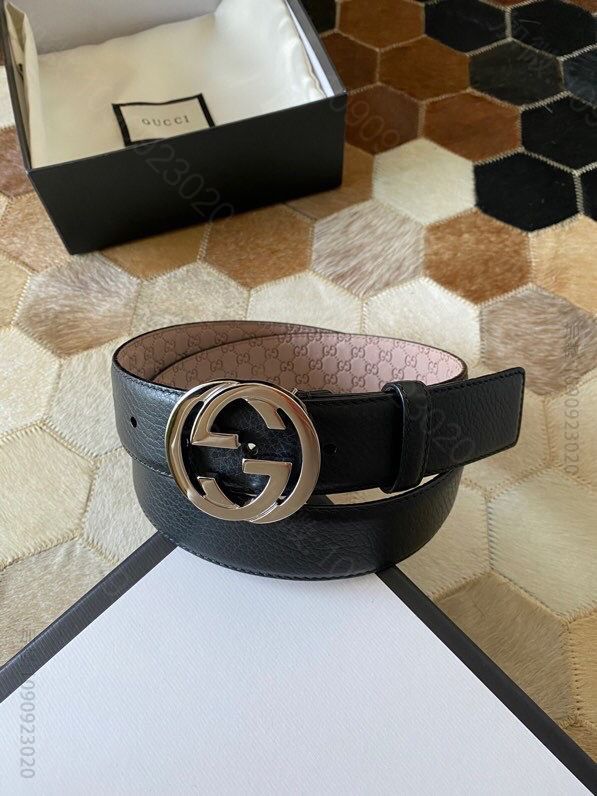 Gucci古驰新款3.5cm男女同款全皮黑色金扣银扣GG腰带