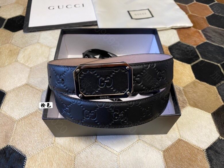 GUCCI古驰精致方形金属扣，双G压纹黑色进口牛皮腰带35mm